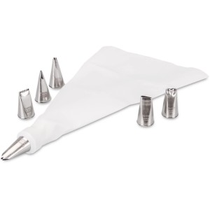 Set de décoration Städter 8 pièces avec poche à douille blanche et six douilles en acier inoxydable argenté pour gâteaux.