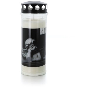 Bougie funéraire blanche avec motif d'ange et couvercle noir, env. 21 cm de haut.