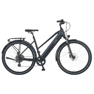 Bicicletta da trekking elettrica Prophete Entdecker 2.0 da donna nera con pneumatici da 28 pollici.