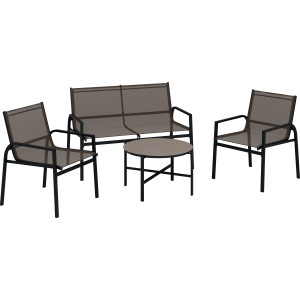 Ensemble de meubles de jardin Tapena 4 pièces : structure en acier, revêtement textile taupe, table avec plateau en verre.