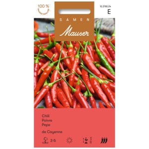 Sachet de graines Chili de Cayenne Red : Piments rouges forts représentés sur le sachet.