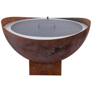 Brasero Wave Feu du Jardin, aspect rouille, Ø 98cm avec couvercle. Bol en métal sur socle.
