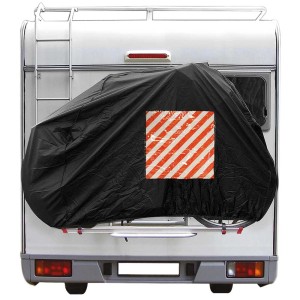 Copertura nera per bici per portapacchi posteriore con segnale di avvertimento sul camper. Accessorio per rimorchi auto.