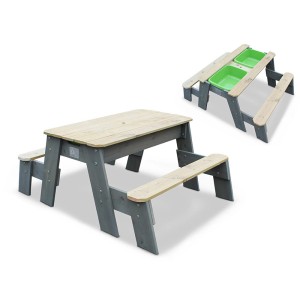 EXIT Aksent tavolo da sabbia, acqua e picnic con 2 panche in legno, grigio e naturale.