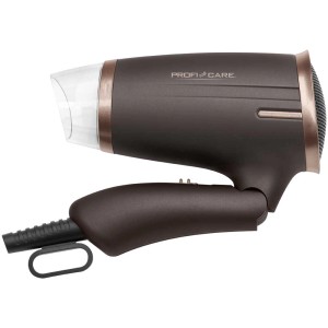 Sèche-cheveux Profi Care HT 3009, marron, avec embout et poignée pliante pour un rangement facile.