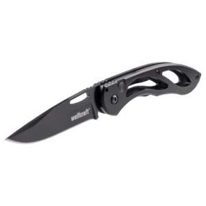 Coltello pieghevole wolfcraft nero con lama liscia da 70mm aperta e impugnatura in alluminio.