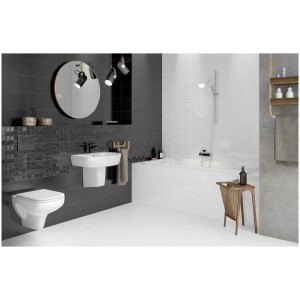 Salle de bain avec carrelage mural Cersanit Simple Art blanc brillant, 20x60 cm, structure cubique.