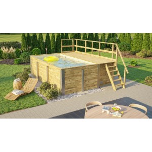 Piscine en bois Weka avec terrasse et local technique, aspect SandMix, dans le jardin.