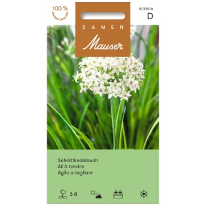 Samenpackung Schnittknoblauch mit blühender Pflanze. Gemüsesamen für Garten und Balkon.