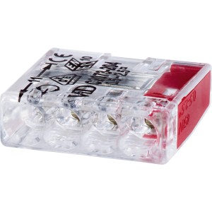 Morsetto a innesto OBI, 4 poli, trasparente/rosso, per conduttori Ø 0,5-2,5 mm, 15 pezzi.