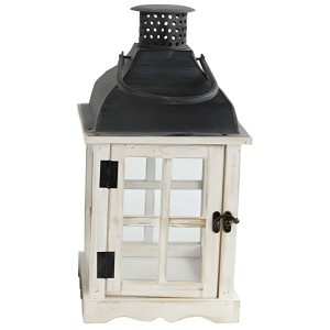 Lanterne Tarkio en bois blanc, taille S, 38,5x20 cm, avec panneaux de verre et dessus en métal pour un éclairage d'ambiance.