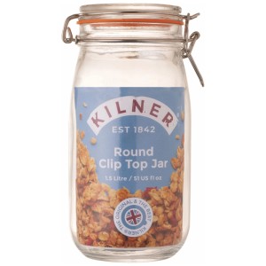 Barattolo Kilner rotondo con clip, 1,5 l, con chiusura a clip e anello in gomma per la conservazione degli alimenti.