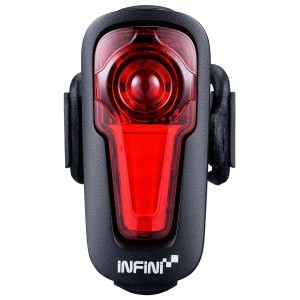 Feu arrière de vélo noir Infini Metis avec système d'alerte de freinage pour plus de sécurité.
