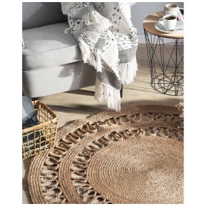 Tapis rond tressé en jute Dikili beige, Ø 120 cm. Tapis à poils courts avec un aspect naturel.