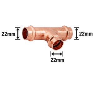 Raccordo a T a pressare in rame, 22 mm, per sistemi di tubazioni in impianti sanitari, solari e di riscaldamento.