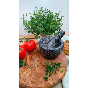 Blu Bio-Origan en pot avec mortier, tomates et épices sur planche en bois.