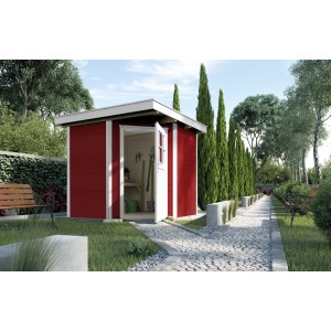 Abri de jardin en bois Weka Angolo B, toit plat, rouge suédois, 239x235 cm dans le jardin.