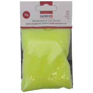 Gelber Glorex Kerzensand mit Docht, 70g, im transparenten Beutel.