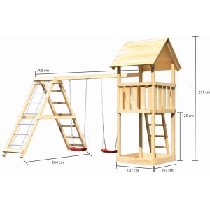 Karibu Lotti aire de jeux avec balançoire double et structure d'escalade en bois.