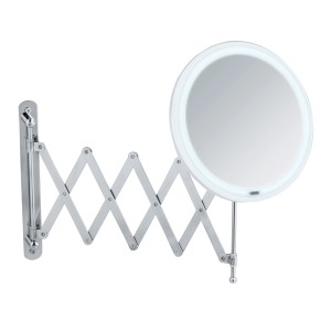 Specchio da parete telescopico a LED Wenko Barona in cromo-argento con braccio estensibile e superficie rotonda.