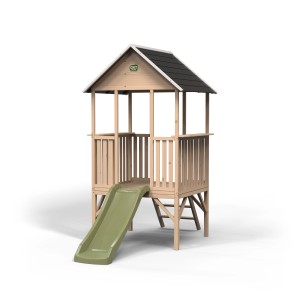 Exit cabane en bois Panorama 300 avec toboggan, design ouvert en bois avec toboggan vert.