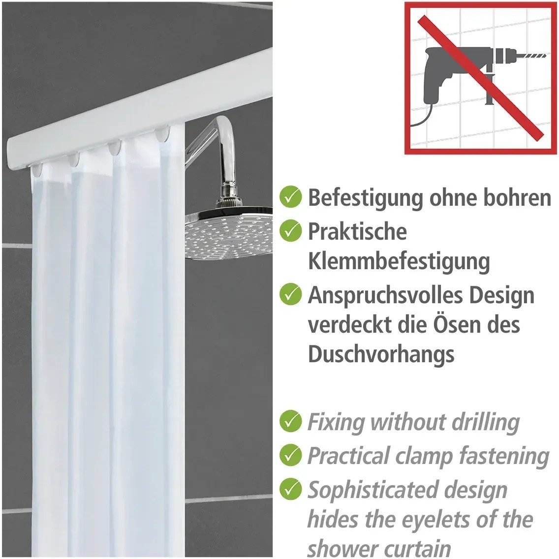 Barre De Douche Télescopique Ridder 110-185 Cm Blanche - Fixation Sans Percer Très Stable Aluminium 25mm