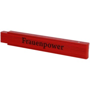 Rot lackierter Gliedermassstab (2 m) mit Aufschrift.