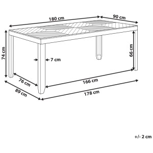 Schizzo del tavolo da giardino Baratti in legno di acacia, dimensioni: 74x90x180 cm.