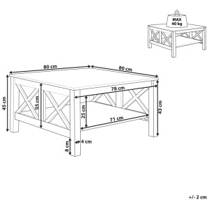 Table basse blanche Lotta avec croisillons en X et étagère, dimensions : 45x80x80 cm.