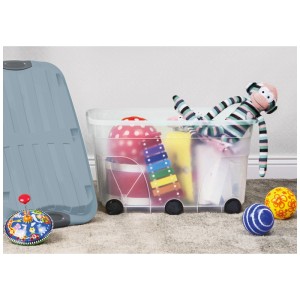 Rotho Aufbewahrungsbox Roller 6, Misty Blue, 57L, mit Spielzeug gefüllt. Praktische Rollbox.