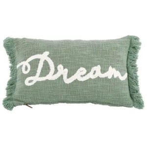 Cuscino decorativo 30x50 cm con scritta "Dream" e frange verdi.