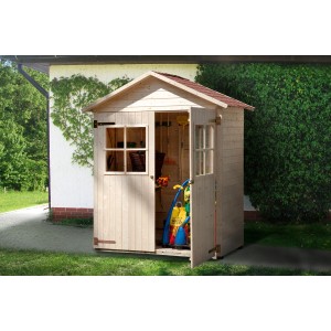 Abri de jardin en bois Weka 357 avec double porte ouverte et toit à deux pentes, rempli d'outils de jardin.