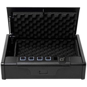 Coffre-fort à empreinte digitale Paladin MK2 noir ouvert avec rembourrage en mousse et commandes.