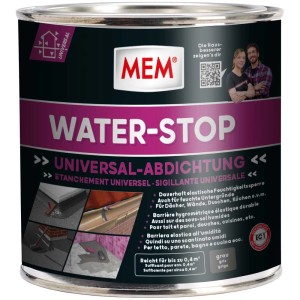 Boîte de MEM Water Stop 1 kg, scellant universel pour diverses surfaces.