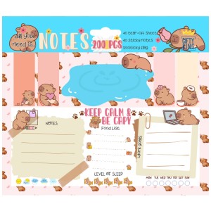 Set de blocs-notes sur le thème du capybara, 200 pièces, idéal pour le bureau, l'école et les projets créatifs.