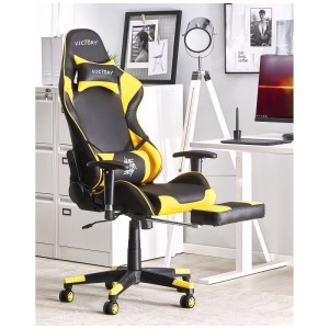 Sedia da gaming Beliani Victory, nera e gialla, con poggiapiedi e schienale regolabile.