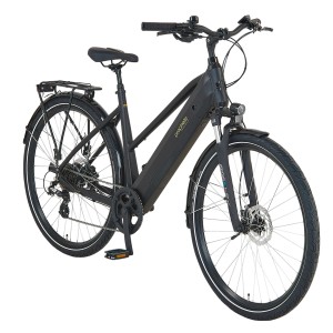 Bicicletta da trekking elettrica Prophete Entdecker 2.0 nera da donna con telaio trapezoidale e pneumatici da 28 pollici.