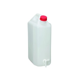 Tanica d'acqua bianca (20 l) con tappo rosso e rubinetto per campeggio e tempo libero.
