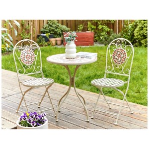 Ensemble bistro Spello pliable blanc avec motif mosaïque pour balcon ou jardin.