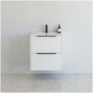 Ensemble de meubles de salle de bain Dansani NOW, blanc mat rainuré, avec lavabo et meuble sous-vasque.