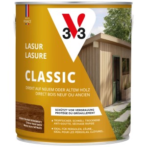 V33 Impregnante per legno Classic, rovere scuro, finitura satinata, latta da 2,5 l. Per protezione legno esterno.
