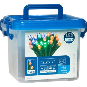 Guirlande lumineuse LED multicolore, 140 LED dans une boîte en plastique avec câble vert (15,42 m) pour intérieur et extérieur.