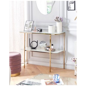 Console Beliani Calvert avec étagères en verre et structure en métal doré.