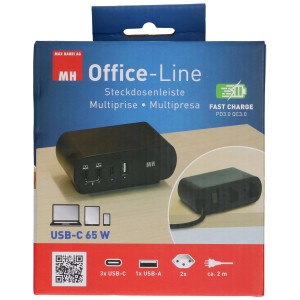 Chargeur de bureau noir avec 3 ports USB-C et 1 port USB-A, 65W, pour accessoires ordinateur et multimédia.