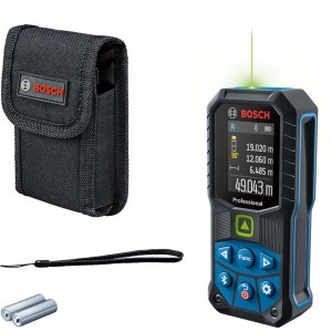Bosch Professional GLM 50-27 CG Laser-Entfernungsmesser mit Zubehör und grüner Laserlinie.