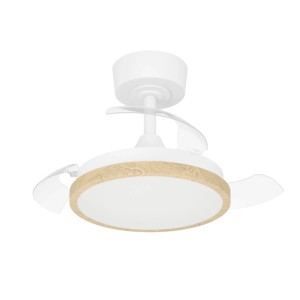 Ventilatore da soffitto Eglo LED Malpica bianco con pale trasparenti, anello effetto legno e luce integrata.