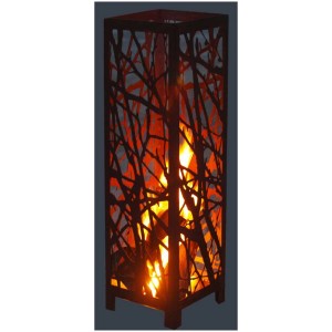 Colonne de feu aspect rouille avec motif d'arbre, 90x30x30cm, avec feu allumé. Brasero décoratif pour jardin et terrasse.