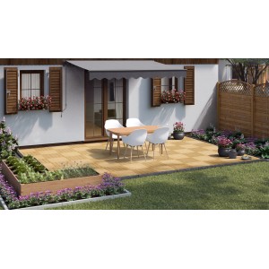 Dalles en bois Douglas naturel 50x50 cm posées sur terrasse avec mobilier de jardin.