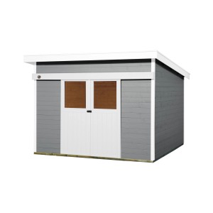 Abri de jardin en bois gris Weka Turin avec toit monopente et porte blanche. Abri de jardin en bois lasuré.