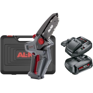 Mini tronçonneuse à batterie Al-Ko CSM 1815 avec batterie, chargeur et coffret.
